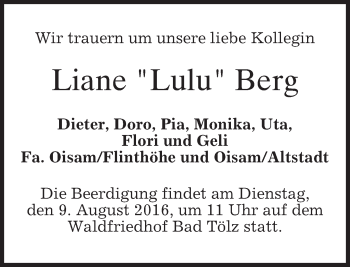 Todesanzeige von Liane Berg von merkurtz