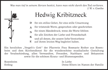 Todesanzeige von Hedwig Kribitzneck von merkurtz