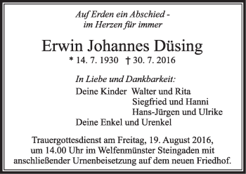 Todesanzeige von Erwin Johannes Düsing von merkurtz