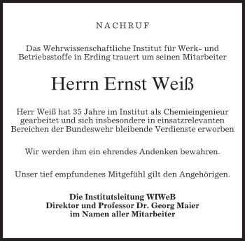 Todesanzeige von Ernst Weiß von merkurtz