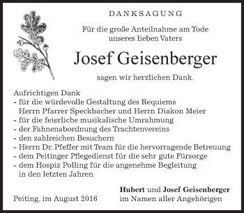 Todesanzeige von Josef Geisenberger von merkurtz