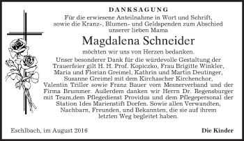 Todesanzeige von Magdalena Schneider von merkurtz