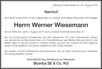 Todesanzeige von Werner Wiesemann von merkurtz