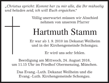 Todesanzeige von Hartmuth Stamm von merkurtz
