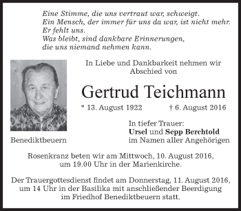 Todesanzeige von Gertrud Teichmann von merkurtz