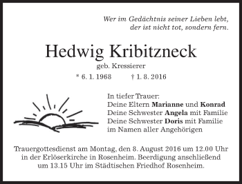 Todesanzeige von Hedwig Kribitzneck von merkurtz