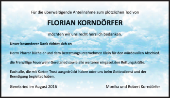 Todesanzeige von Florian Korndörfer von merkurtz