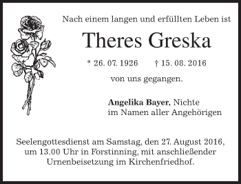 Todesanzeige von Theres Greska von merkurtz
