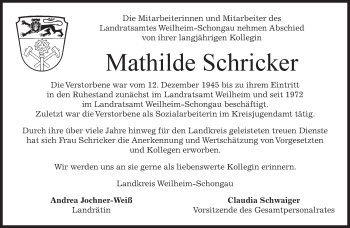 Todesanzeige von Mathilde Schricker von merkurtz