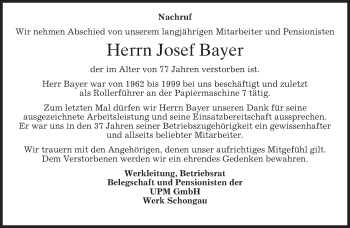 Todesanzeige von Josef Bayer von merkurtz