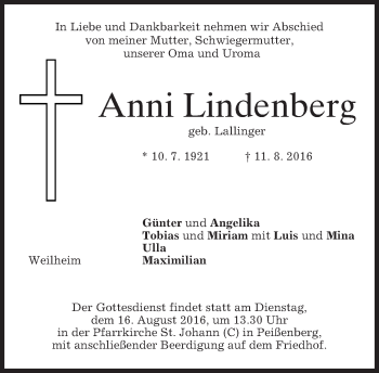Todesanzeige von Anni Lindenberg von merkurtz