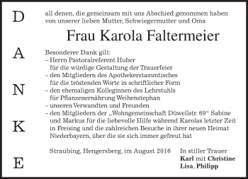 Todesanzeige von Karola Faltermeier von merkurtz