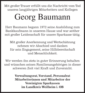 Todesanzeige von Georg Baumann von merkurtz