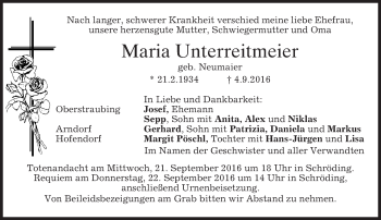 Todesanzeige von Maria Unterreitmeier von merkurtz