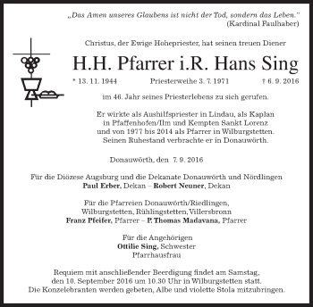 Todesanzeige von Hans Sing von merkurtz