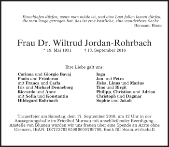 Todesanzeige von Wiltrud Jordan-Rohrbach von merkurtz