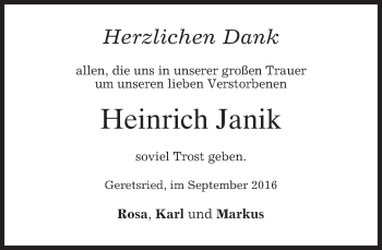 Todesanzeige von Heinrich Janik von merkurtz