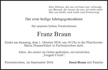 Todesanzeige von Franz Braun von merkurtz