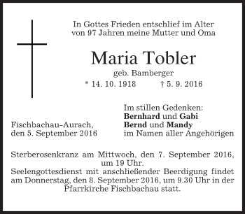Todesanzeige von Maria Tobler von merkurtz