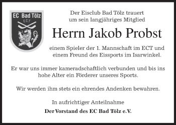 Todesanzeige von Jakob Probst von merkurtz