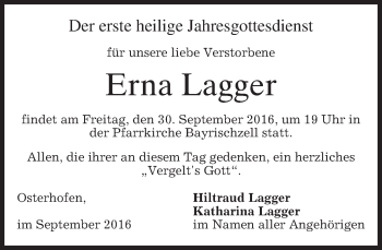 Todesanzeige von Erna Lagger von merkurtz