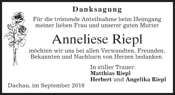 Todesanzeige von Anneliese Riepl von merkurtz