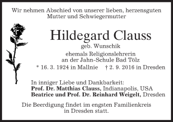 Todesanzeige von Hildegard Clauss von merkurtz