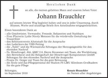 Todesanzeige von Johann Brauchler von merkurtz