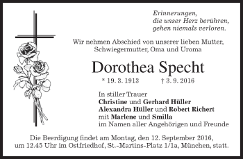 Todesanzeige von Dorothea Specht von merkurtz