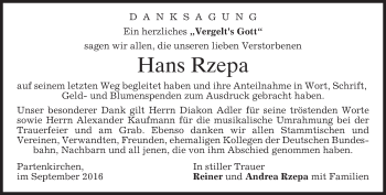 Todesanzeige von Hans Rzepa von merkurtz