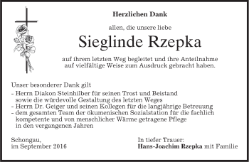 Todesanzeige von Sieglinde Rzepka von merkurtz