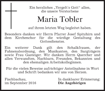 Todesanzeige von Maria Tobler von merkurtz