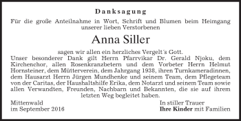 Todesanzeige von Anna Siller von merkurtz