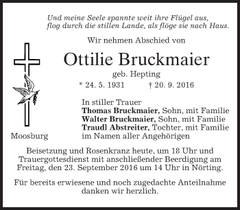 Todesanzeige von Ottilie Bruckmaier von merkurtz