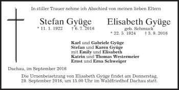 Todesanzeige von Stefan und Elisabeth Gyüge von merkurtz