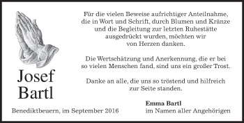 Todesanzeige von Josef Bartl von merkurtz