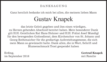 Todesanzeige von Gustav Knapek von merkurtz