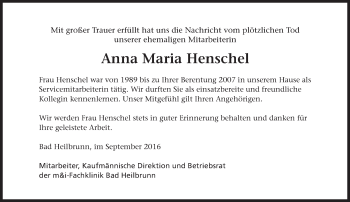 Todesanzeige von Anna Maria Henschel von merkurtz
