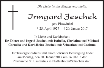 Todesanzeige von Irmgard Jeschek von merkurtz