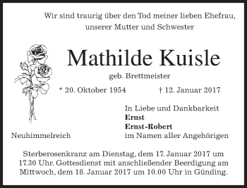Todesanzeige von Mathilde Kuisle von merkurtz