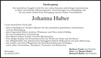 Todesanzeige von Johanna Huber von merkurtz