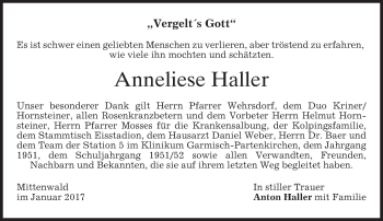 Todesanzeige von Anneliese Haller von merkurtz