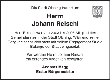 Todesanzeige von Johann Reischl von merkurtz