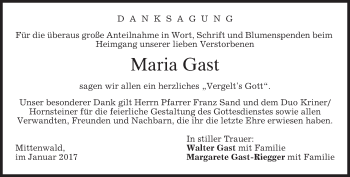 Todesanzeige von Maria Gast von merkurtz