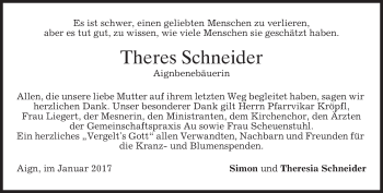 Todesanzeige von Theres Schneider von merkurtz