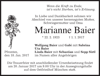 Todesanzeige von Marianne Baier von merkurtz
