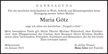 Todesanzeige von Maria Götz von merkurtz