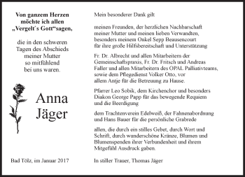 Todesanzeige von Anna Jäger von merkurtz
