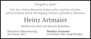 Todesanzeige von Heinz Artmaier von merkurtz