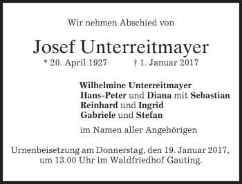 Todesanzeige von Josef Unterreitmayer von merkurtz